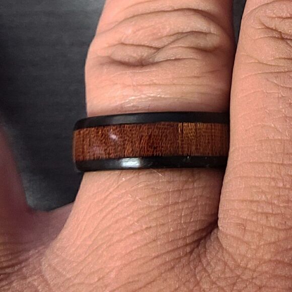 Personalized Engraved Men's Black Tungsten Wedding Ring Koa Wood Inlay - Picture 2 of 7
